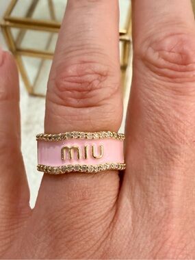 Pink Enamel Ring with Gold Trim and Crystal Accents - NEW